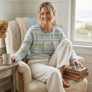 Vintage Eddie Bauer Striped Cotton Pullover Knit Sweater Coastal Cottagecore